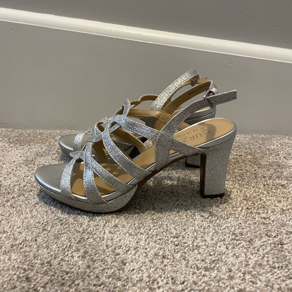 Silver open toed heeled sandals